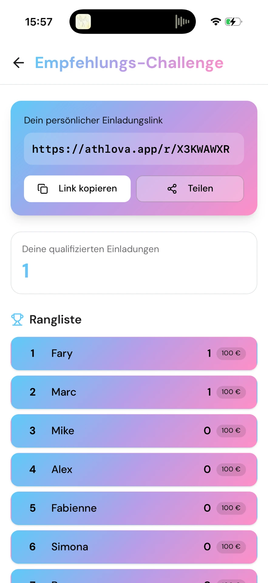 Empfehlungs-Challenge in der Athlova App mit persönlichem Einladungslink und Rangliste